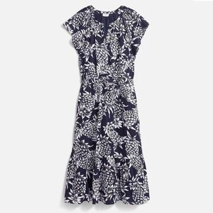 J. Crew Pineapple Print Sleeveless Crinkle Casual Midi Dress Navy White Sz 18